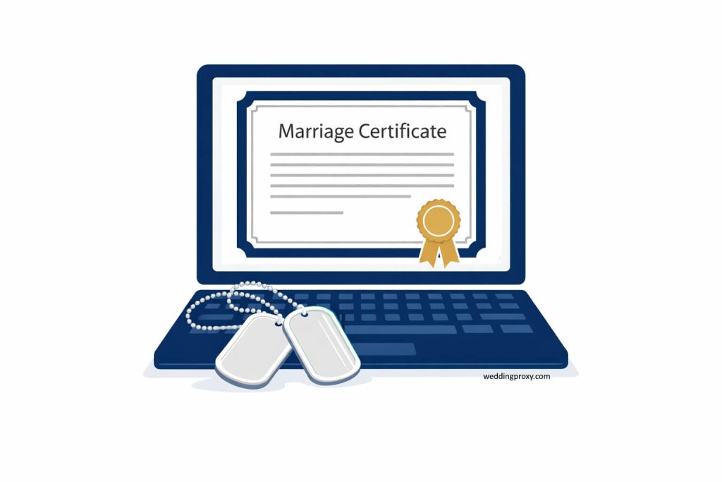 Military couple getting married online through Montana proxy marriage service